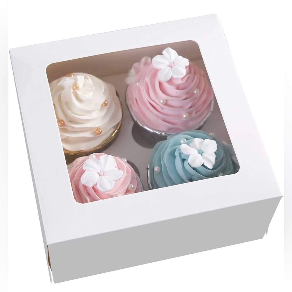 New 10Pcs Kraft Paper Cupcake Boxes Containers with Clear Window 4holders/White